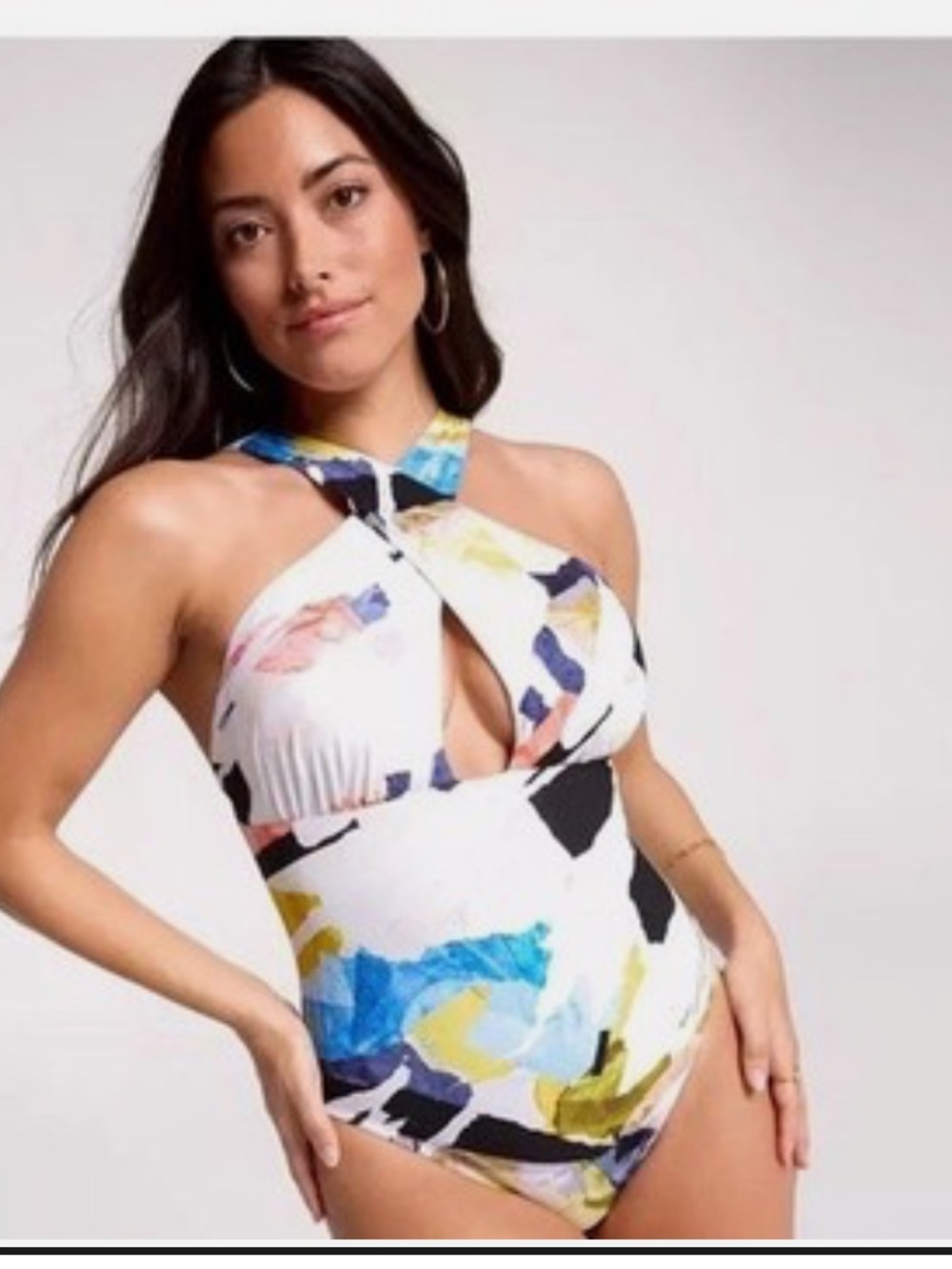 Calia Cutout Halter One-Piece Swimsuit Collage Pure White 10 New